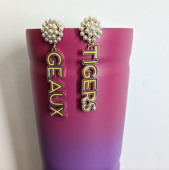 Geaux Tigers Enamel Pearl Cluster Drop Earrings LSU - Picture 1 of 3